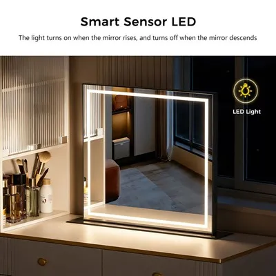 Sminkbord i minimalistisk stil med dold elektrisk hissspegel och LED-lampor
